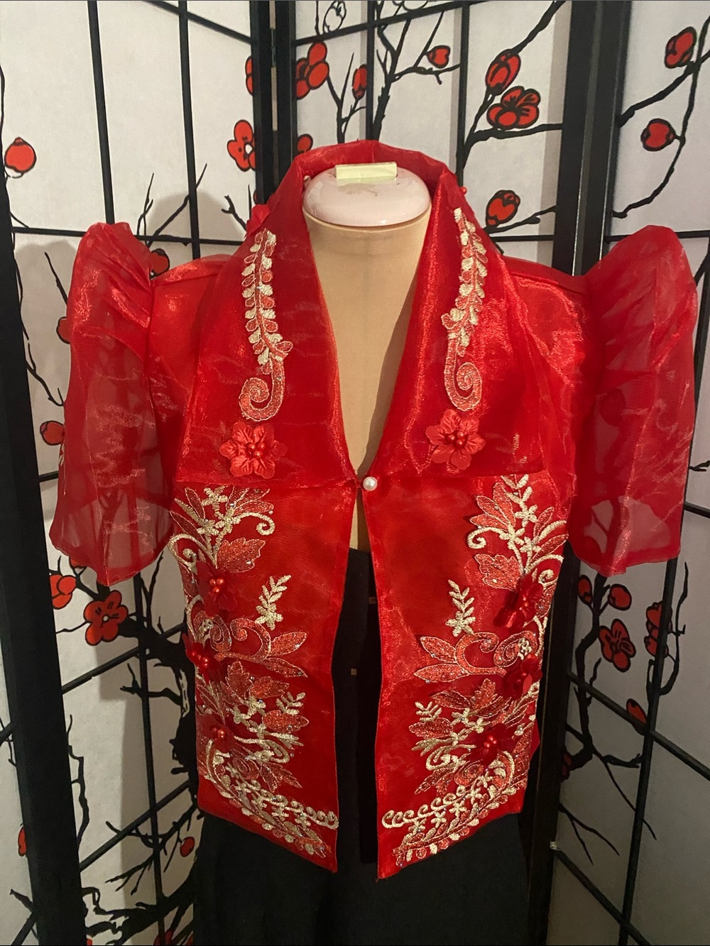 Red Embroidered Filipiniana Short Bolero with Puff Sleeves